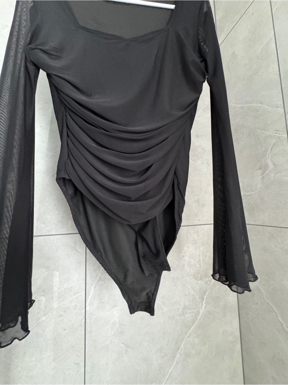 Cider Black Ruched Bodysuit with sheer long sleeves